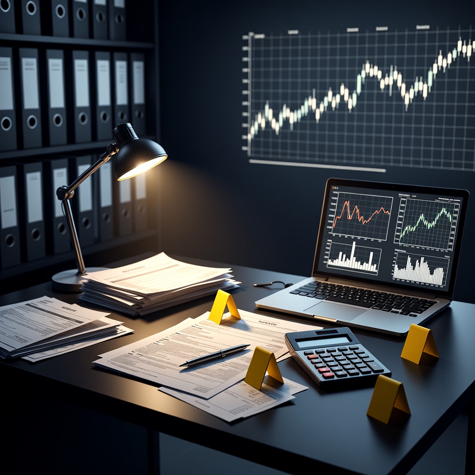 Documentos e gráficos representando análise contábil e financeira.